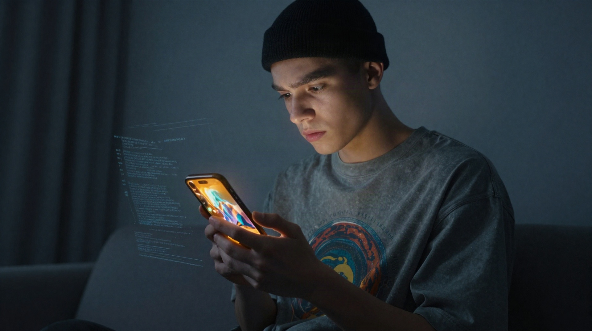 Человек смотрит на смартфон с изображением, созданным искусственным интеллектом, в темной комнате с синим освещением.