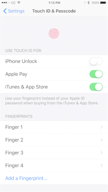 Установите переключатель «Использовать сенсорный идентификатор» для iPhone (или iPad), чтобы разблокировать его