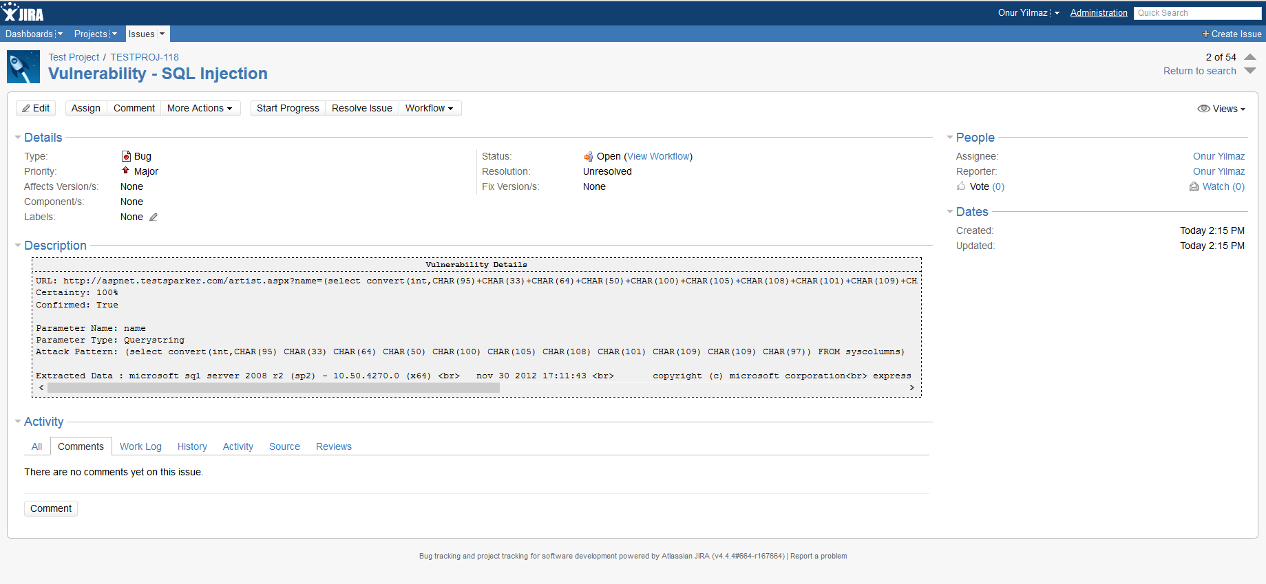 Ниже приведен скриншот SQL-инъекции, которая была автоматически экспортирована в JIRA